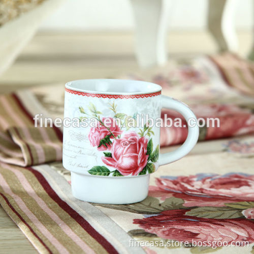 8OZ Elegant White Porcelain Stackable Coffee Mugs with Rack
